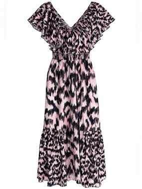 Maria Cher Dabir Maxi Dress Pink Black Print XS Ruffle Maxi Boho Dress